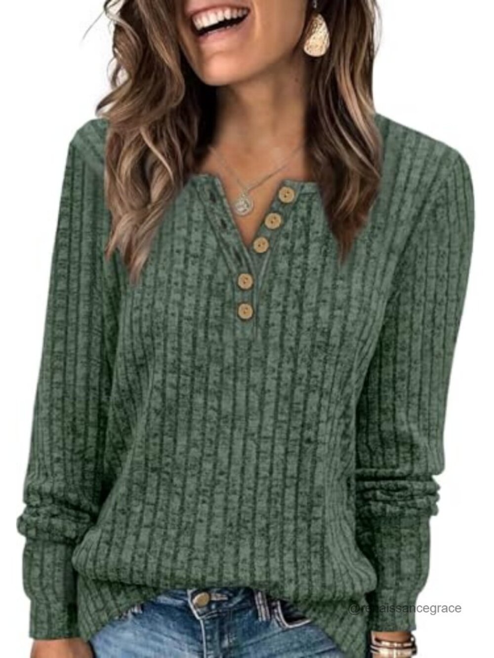Women's Ribbed Knit Henley Sweater V Neck Button Pullover